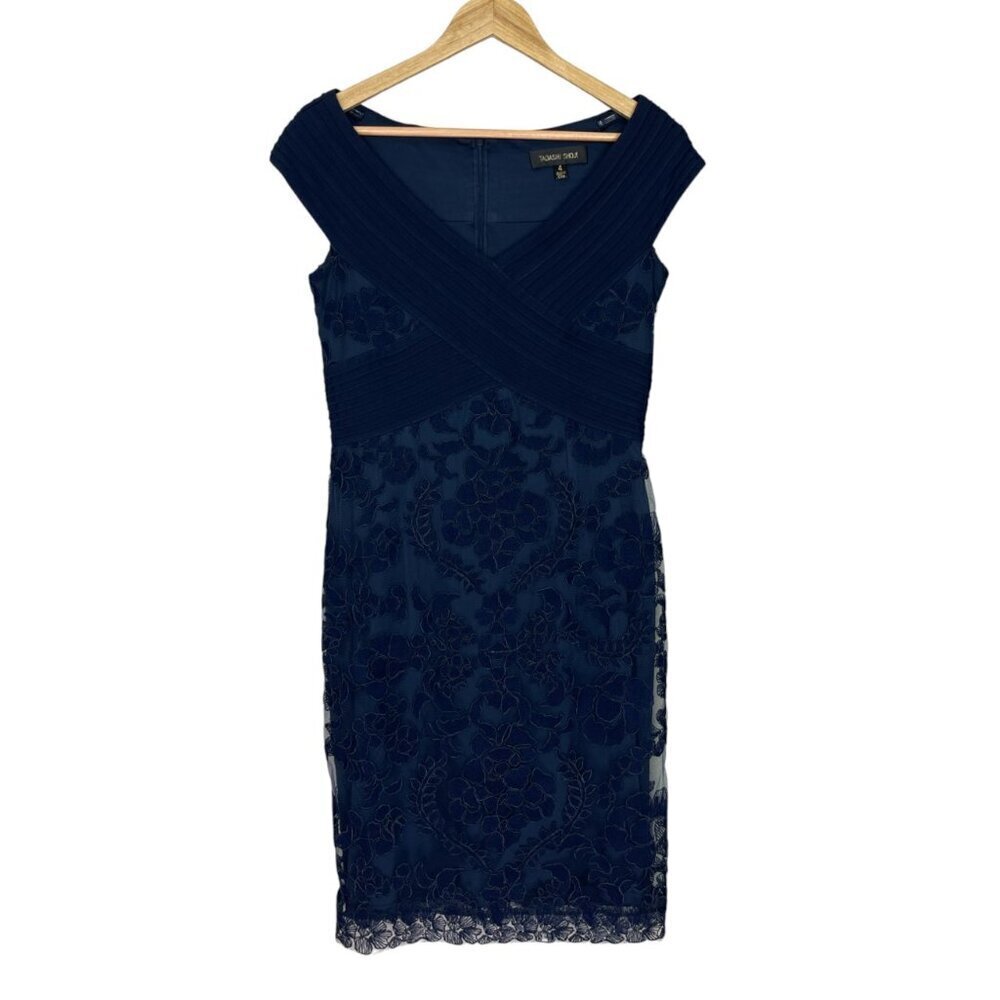 TADASHI SHOJI LACE NAVY BLUE SHEATH DRESS - Picture 3 of 10